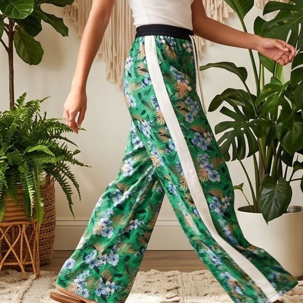 Reveuse 1X Tropical Floral Wide Leg Side Stripe Pants Green Blue *missing‎ hook*